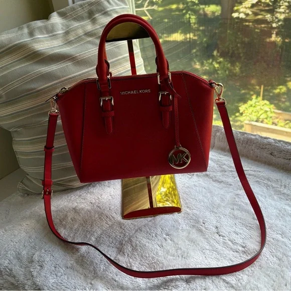 Michael Kors EUC Ciara Medium Saffiano Leather Satchel in Red - Picture 2 of 16